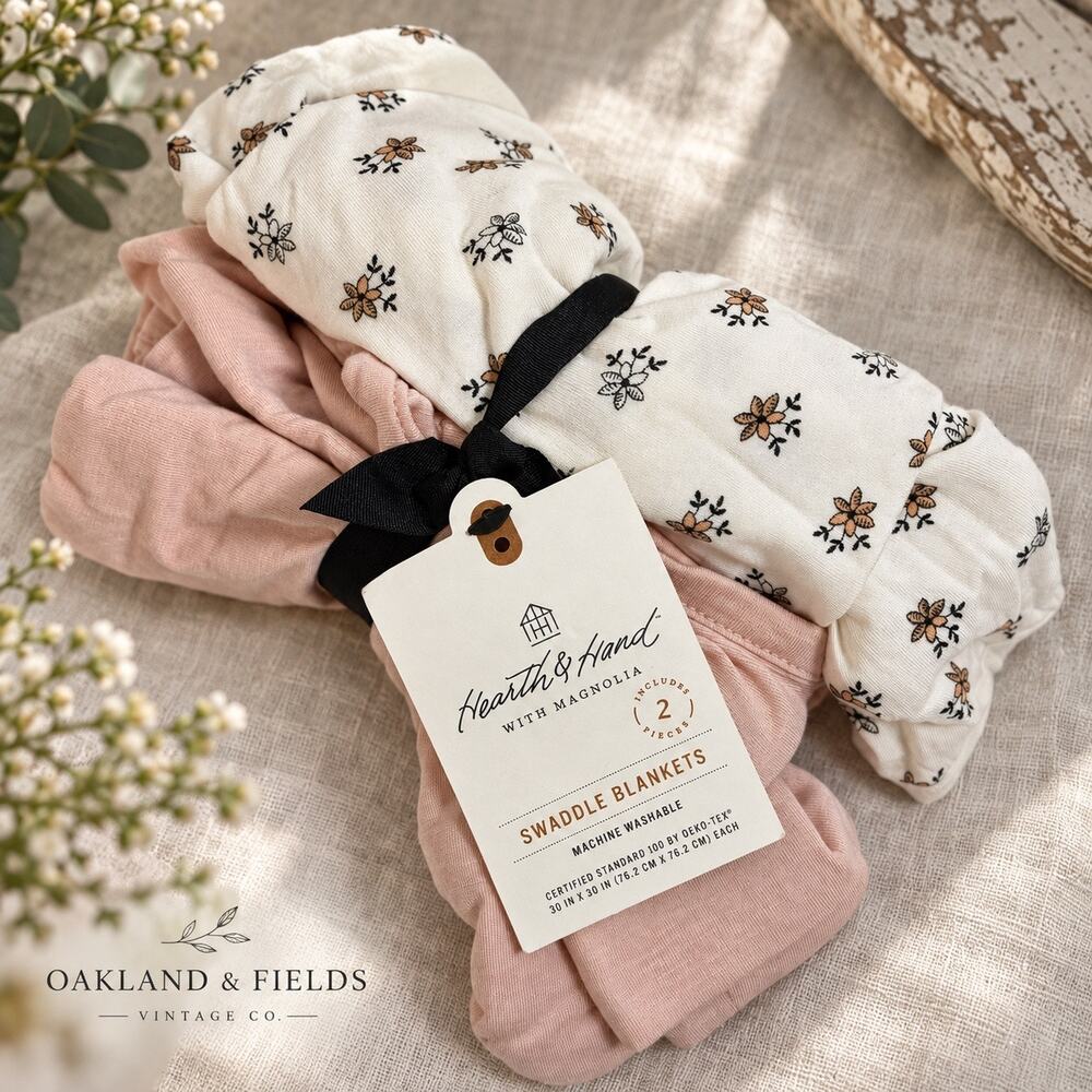 Hearth & Hand Magnolia Bamboo Swaddle Blankets 2pk Floral & Dusty Pink NWT